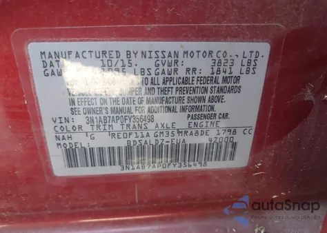 2015 Nissan Sentra Sv from USA, damaged, VIN 3N1AB7AP0FY356498